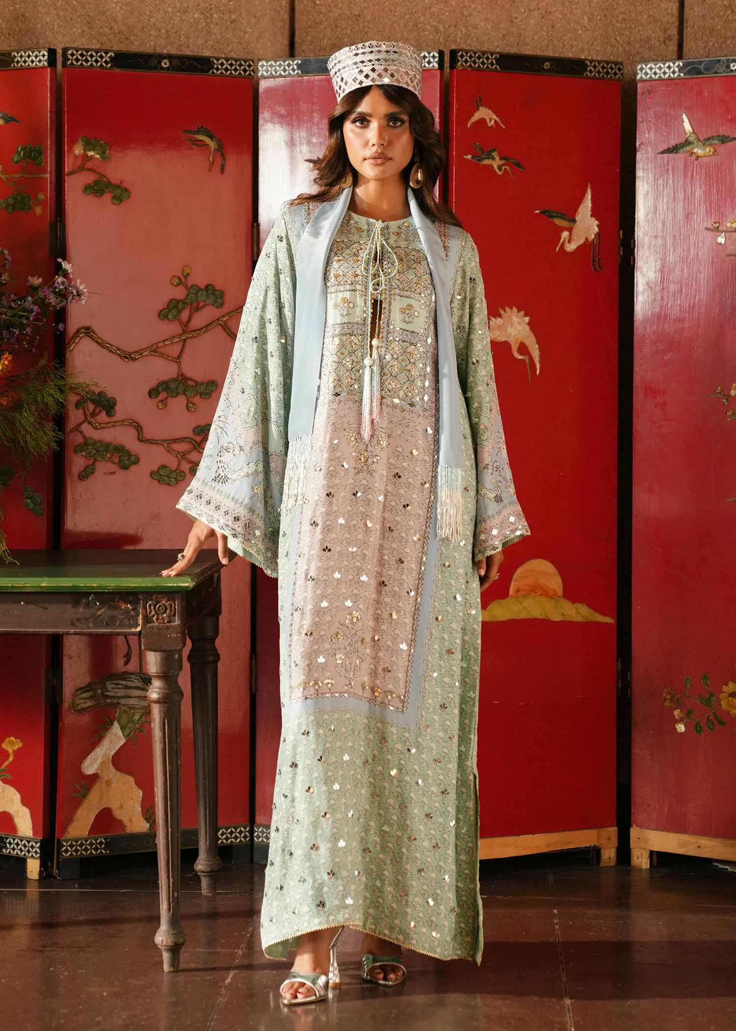 Crimson Eid Prints Jhilmil - Mint