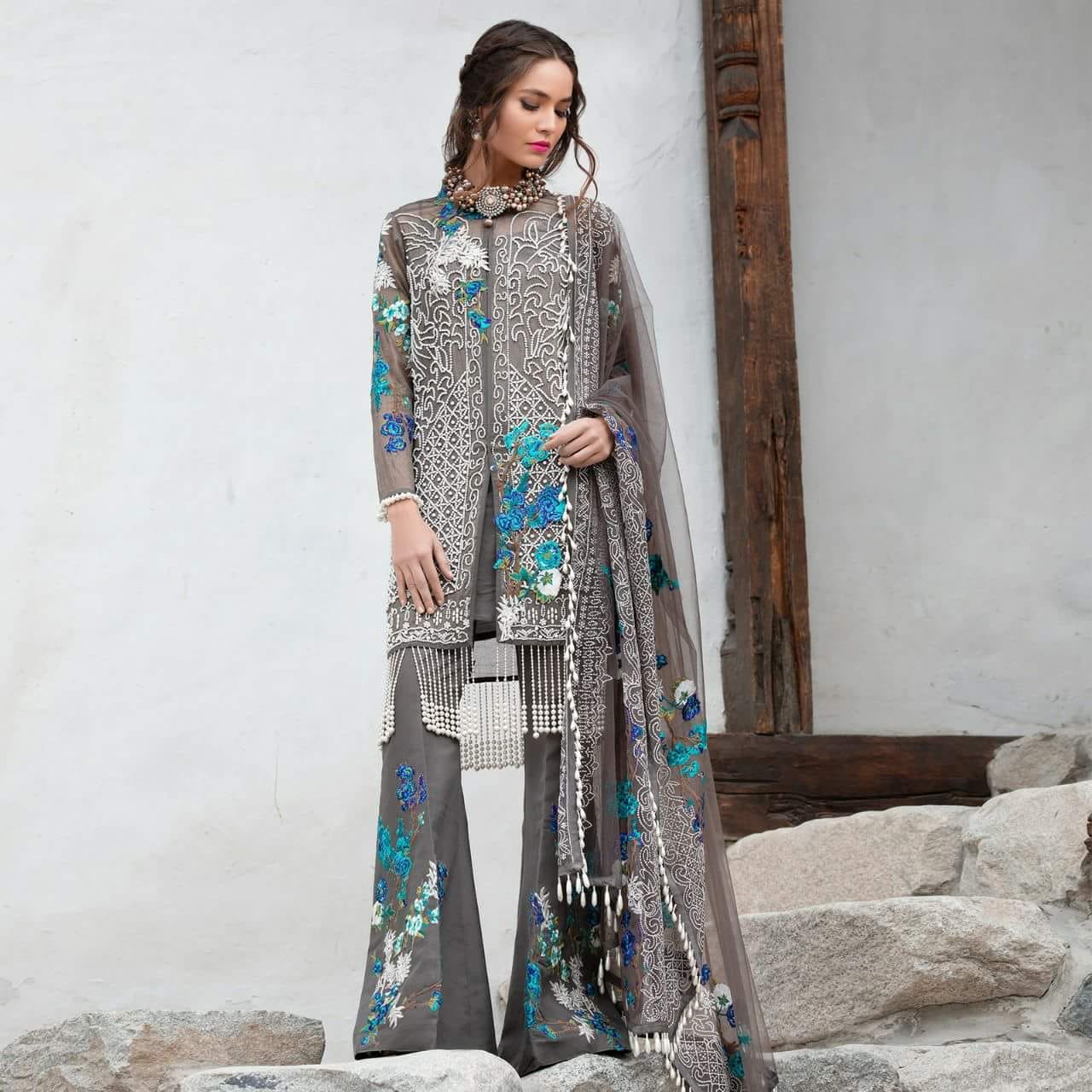 Gold Khaddi Net Shirt Front & Back With Pearls